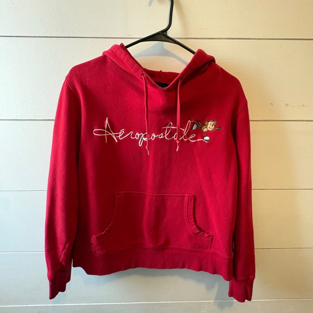 Y2K Aeropostale Womens Red Hoodie Embroidered Monkey Ice Sweatshirt Medium